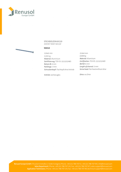 Renusol Steckbolzen 6 x 110 mm