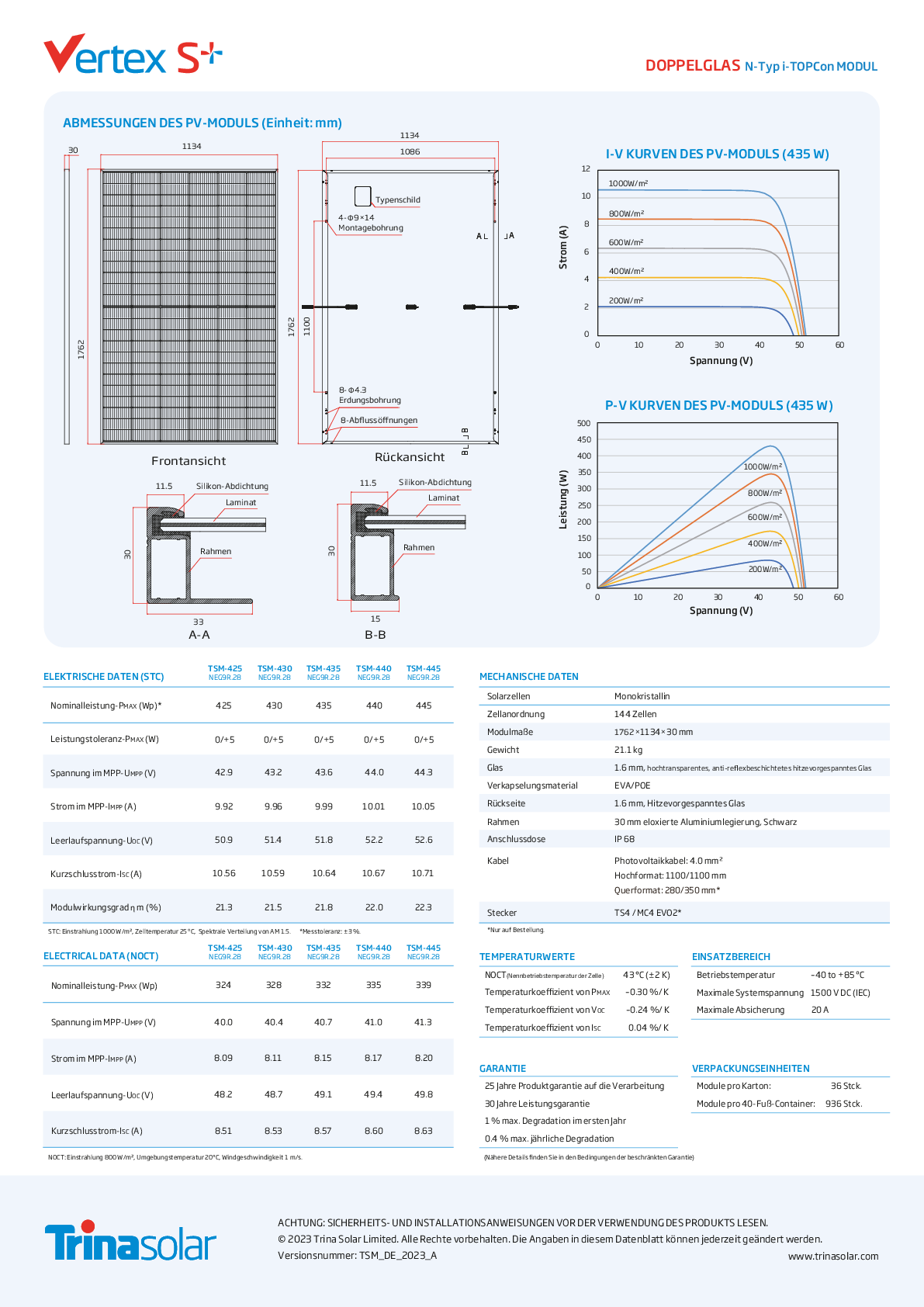 Trina 440W PV Modul Panel Vertex S+ N Type i TOPCon Doppelglas