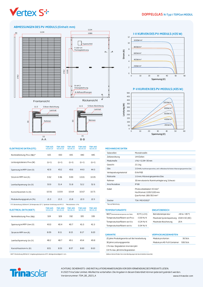 Trina 440W PV Modul Panel Vertex S+ N Type i TOPCon Doppelglas