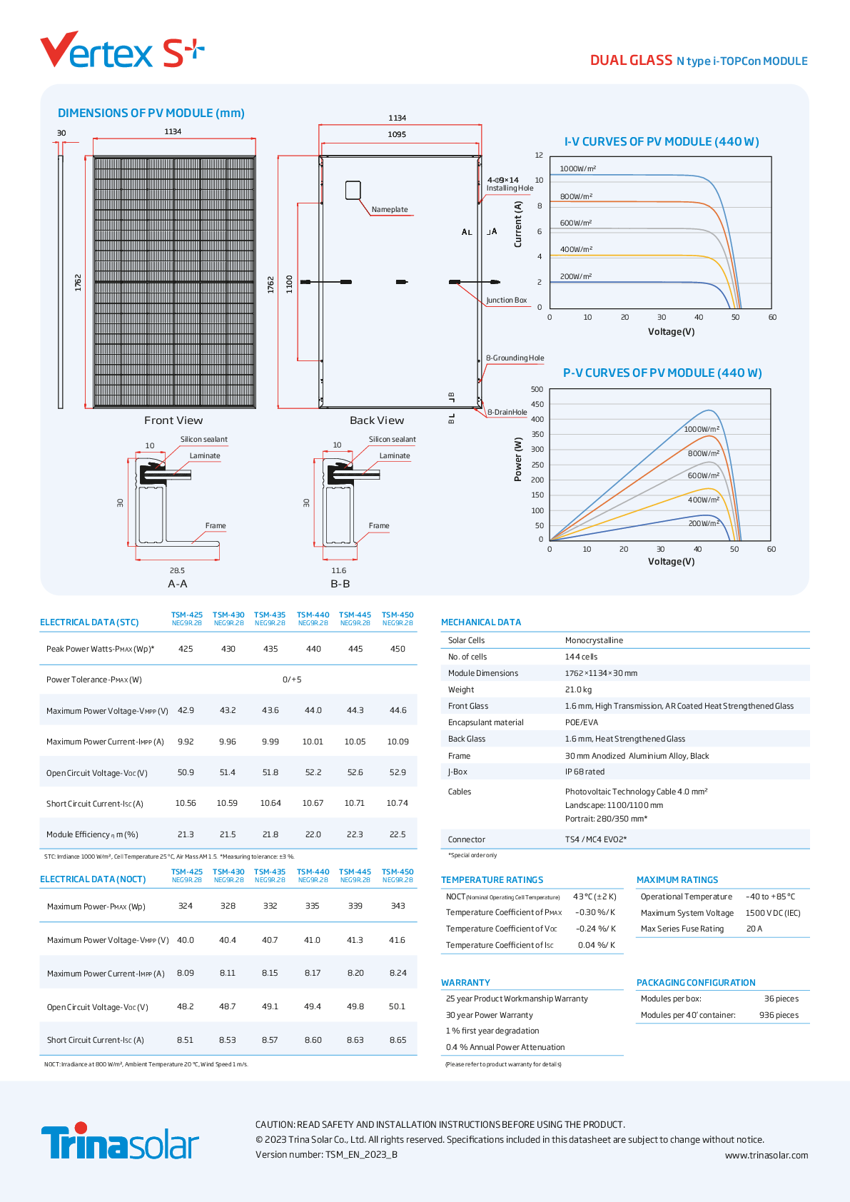 Trina 440W PV Modul Panel Vertex S+ N Type i TOPCon Doppelglas