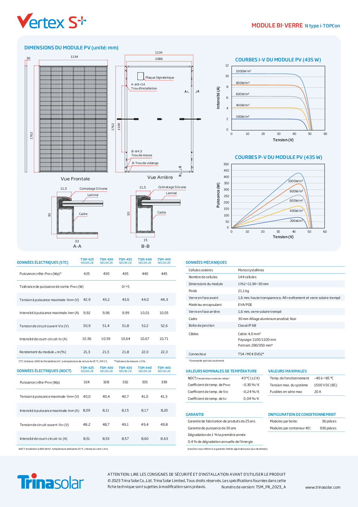 Trina 440W PV Modul Panel Vertex S+ N Type i TOPCon Doppelglas