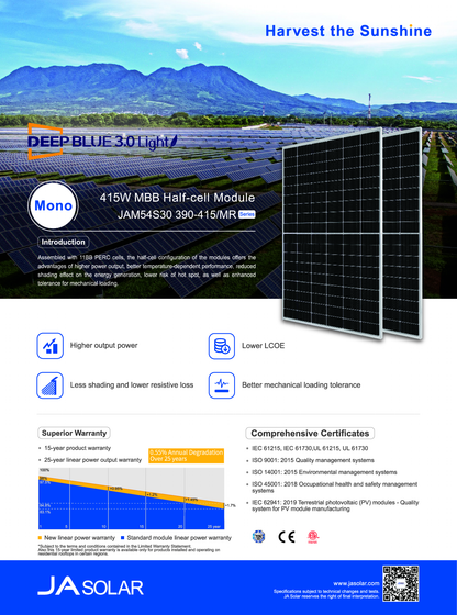 JA Solar PV Modul Solarmodul 410W Mono PERC Halbzellen silber QC4