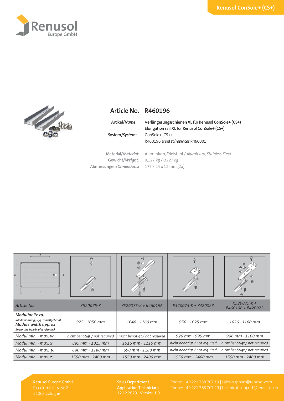 Renusol Verlängerungsschienen XL Set für ConSole+ CS+