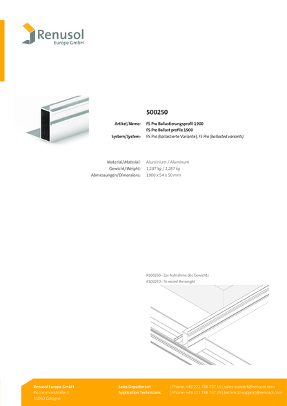 Renusol FS Pro Ballastierungsprofil 1900 x 54 x 50 mm