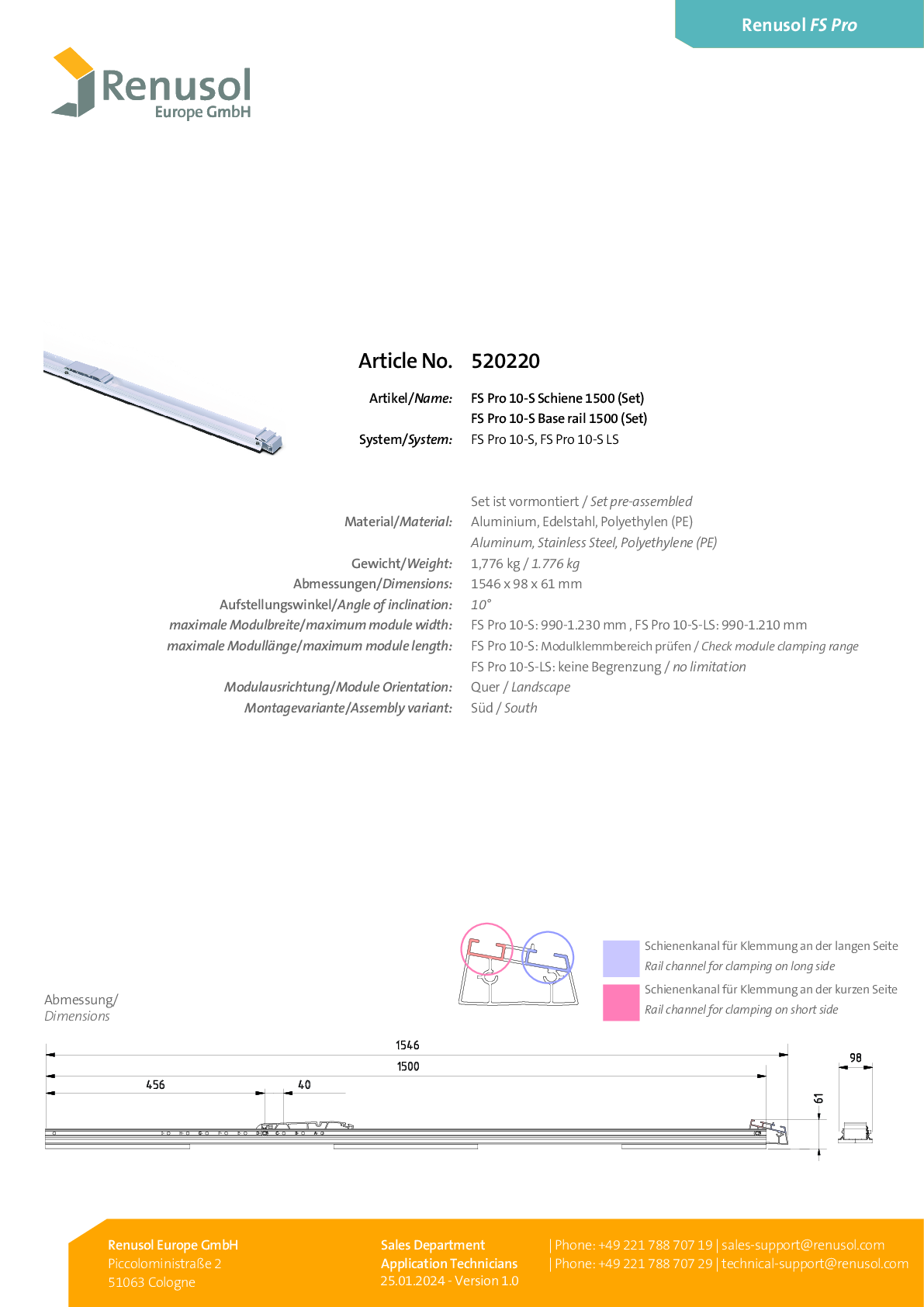 Renusol FS Pro 10 S Schiene 1500 Set