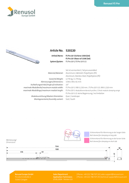 Renusol FS Pro 10 S Schiene 1500 Set