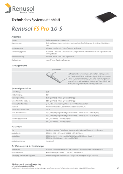 Renusol FS Pro 10 S Schiene 1500 Set