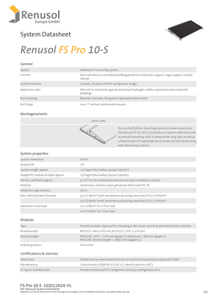 Renusol FS Pro 10 S Schiene 1500 Set