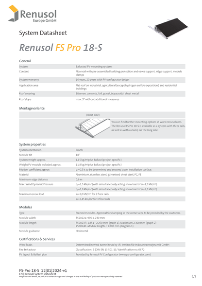 Renusol FS Pro 18 S Schiene 1900 Set