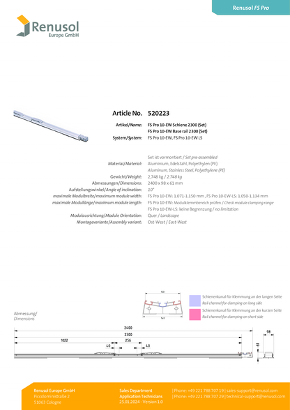 Renusol FS Pro 10 EW Schiene 2300 Set