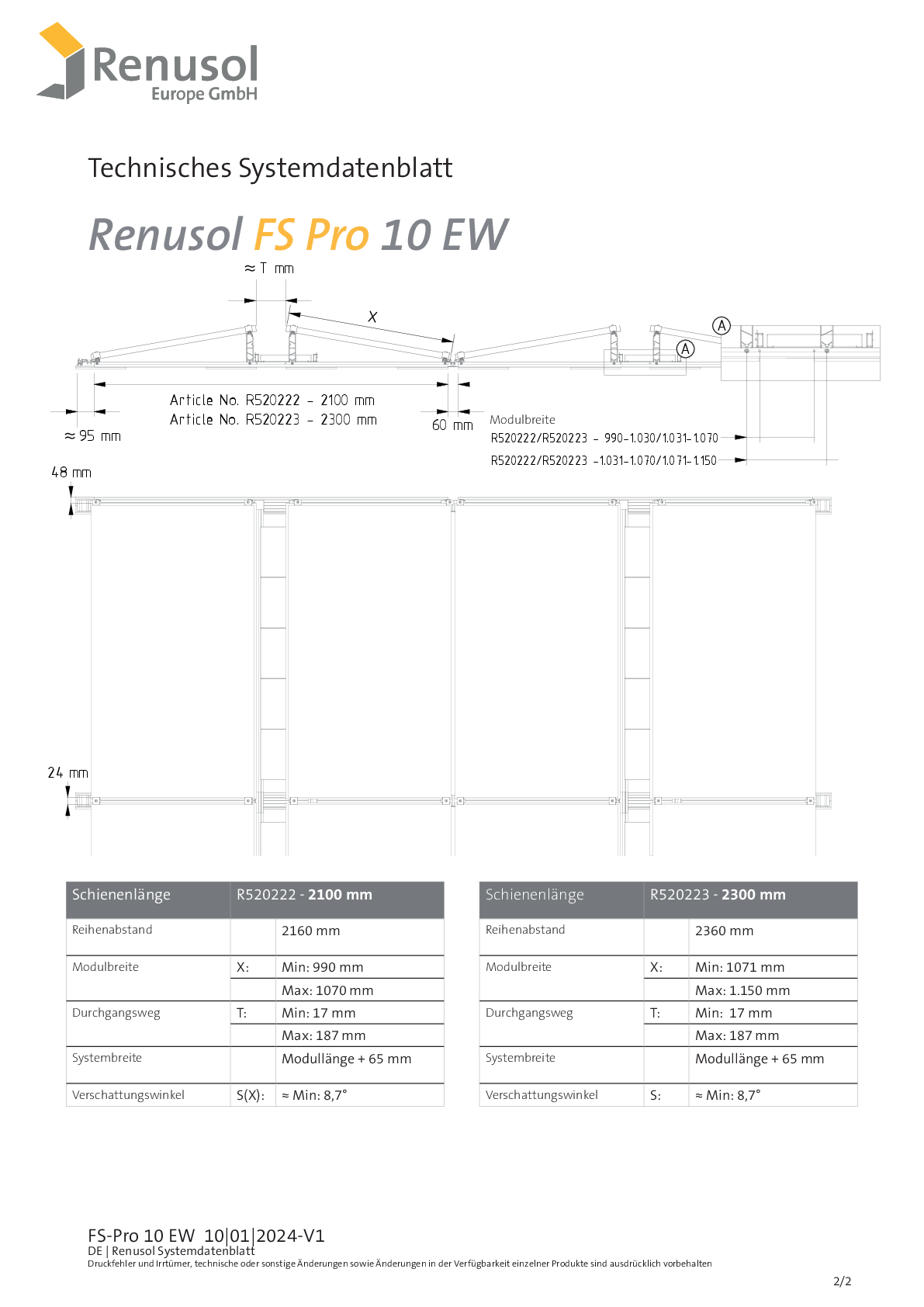 Renusol FS Pro 10 EW Schiene 2300 Set