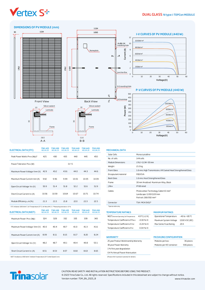 Trina 450W PV Modul Panel Vertex S+ N Type i TOPCon Doppelglas