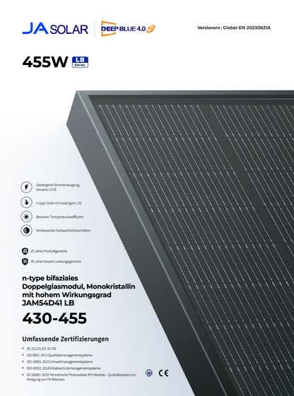 JA Solar PV Modul Panel 430W N Typ Bifazial Doppelglas All Black MC4