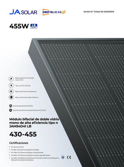 JA Solar PV Modul Panel 430W N Typ Bifazial Doppelglas All Black MC4