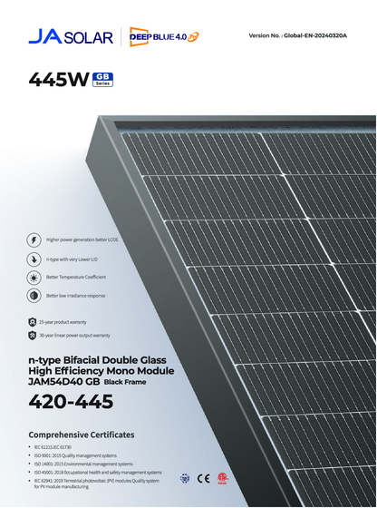 JA Solar PV Modul Panel 440W Bifazial Doppelglas Schwarzer Rahmen MC4