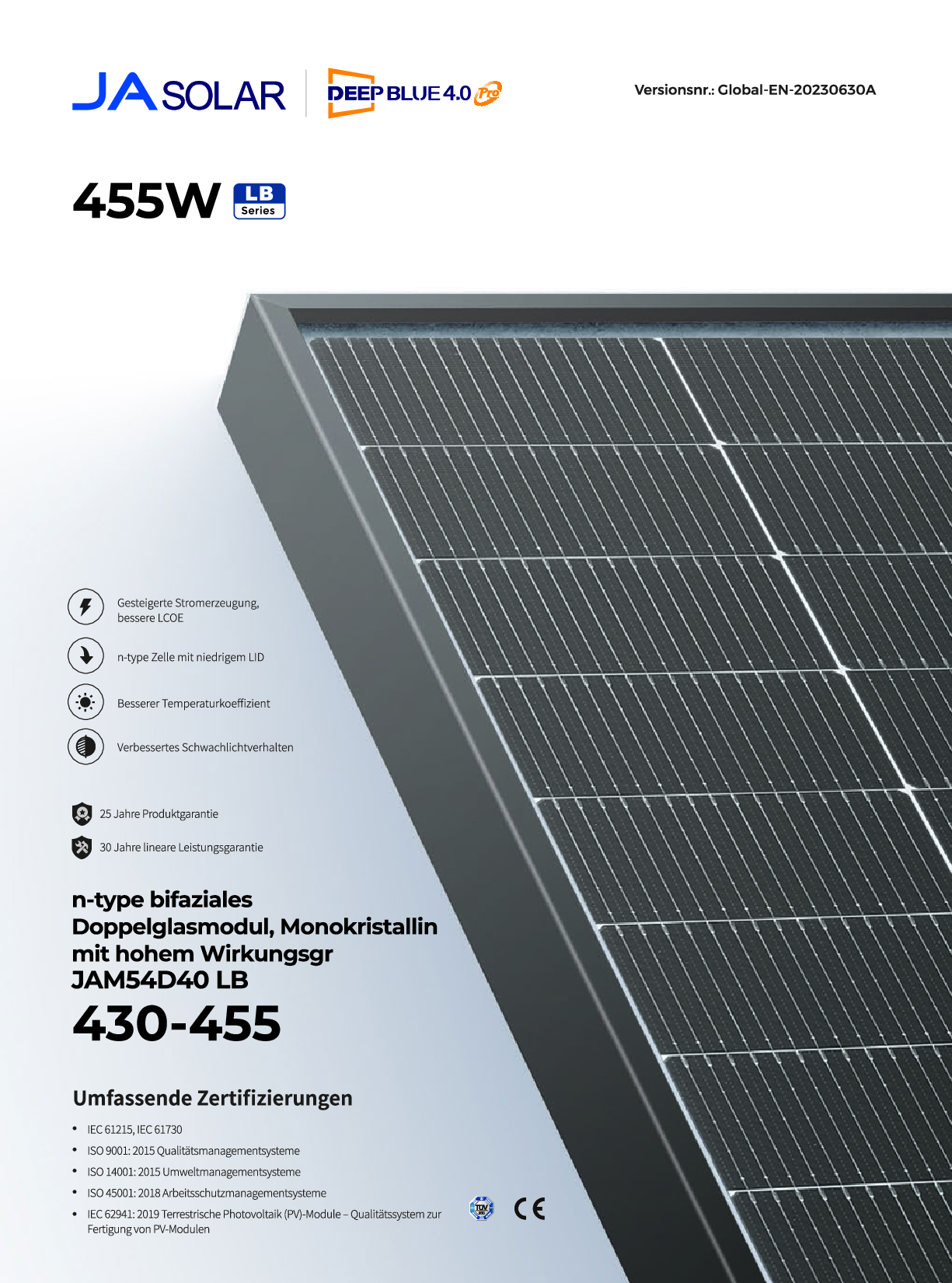 JA Solar PV Panel Modul 450W Doppelglas Bifazial MC4 Schwarzer Rahmen