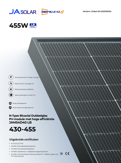 JA Solar PV Panel Modul 450W Doppelglas Bifazial MC4 Schwarzer Rahmen