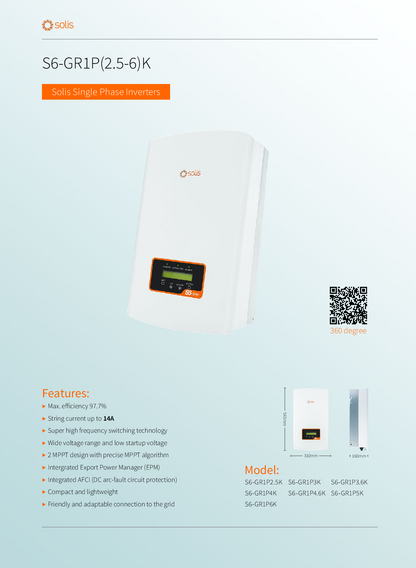 Solis S6 4kW 2 MPPT 1 Phase Wechselrichter mit DC Schalter GR1P