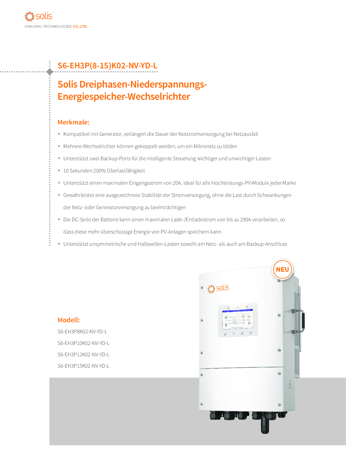 Solis S6 12kW 3 Phasen Niedervolt Hybrid Wechselrichter EH3P