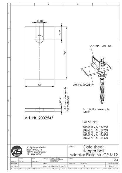 K2 Adapterblech M12 f%FCr Dome FixPro