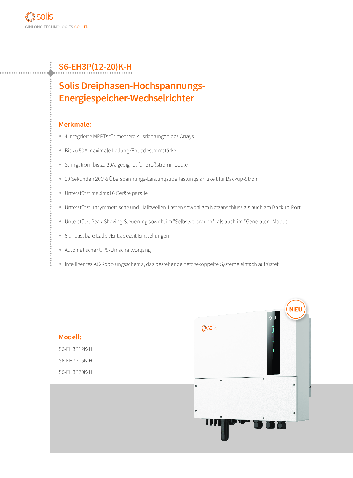 Solis S6 EH3P 12 kW 3 Phasen HV Hybrid Wechselrichter