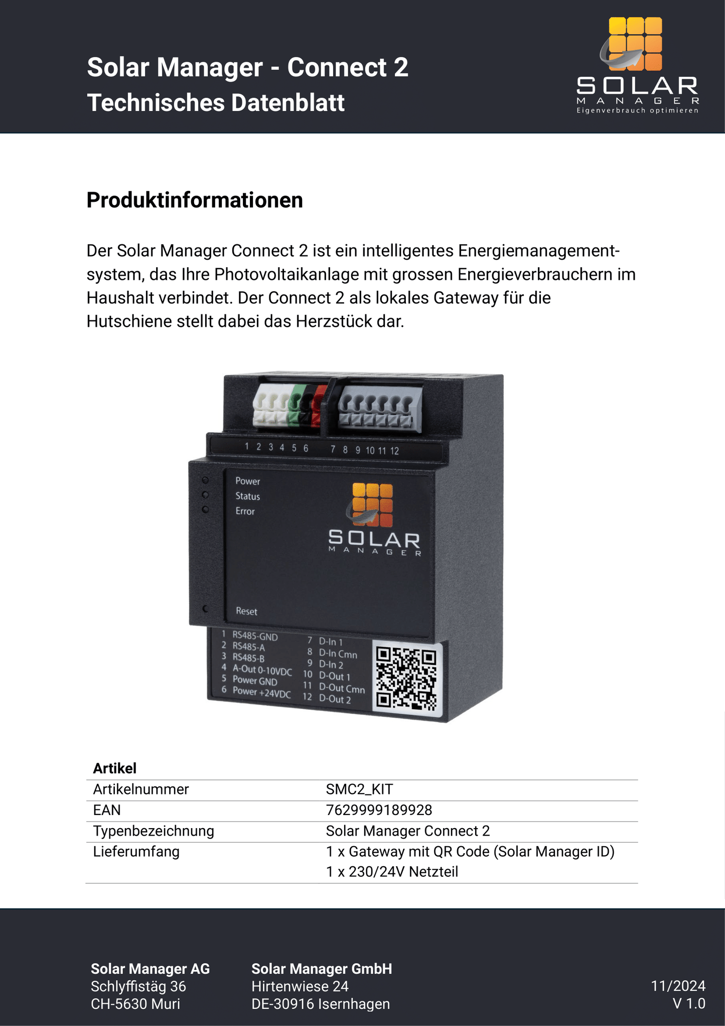 SolarManager Energiemanagement Gateway CONNECT 2 Hutschiene