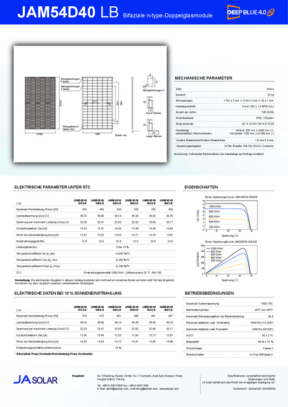 JA Solar PV Modul Panel 455W N type Bifazial MC4 Schwarzer Rahmen