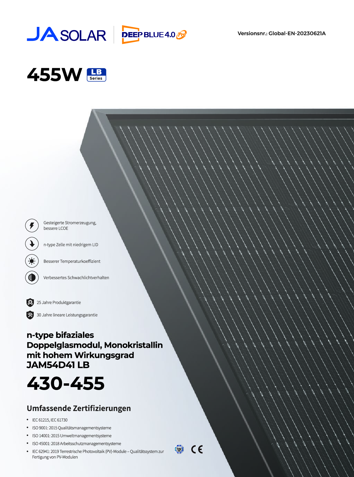 JA Solar PV Modul Panel 450W N type Bifazial All Black MC4