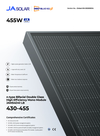 JA Solar PV Modul Panel 450W N type Bifazial All Black MC4