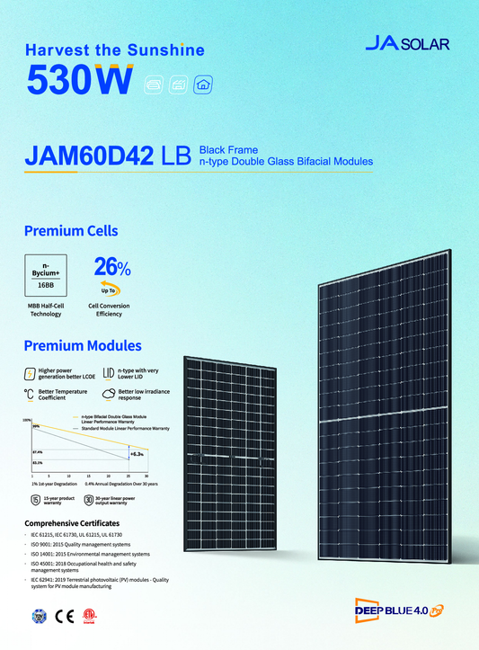 JA Solar PV Modul Panel 530W N Type Bifazial Schwarzer Rahmen MC4