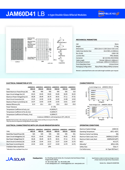 JA Solar PV Modul Panel 500W N type Bifazial All Black MC4