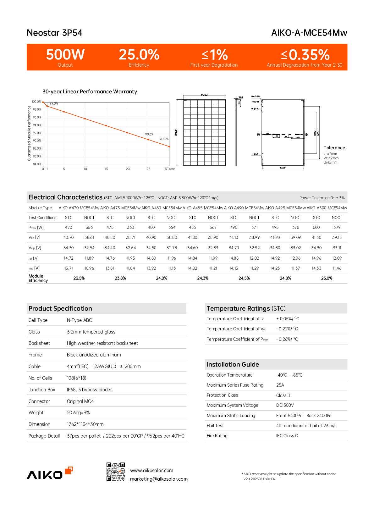 Aiko PV Modul Solar Panel Neostar 3P 485W schwarzer Rahmen Gen 3