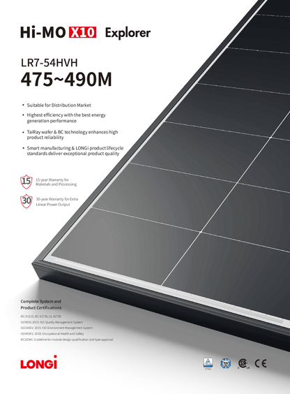 Longi PV Modul Solar Panel 490W Hi MO X10 Explorer HPBC MC4