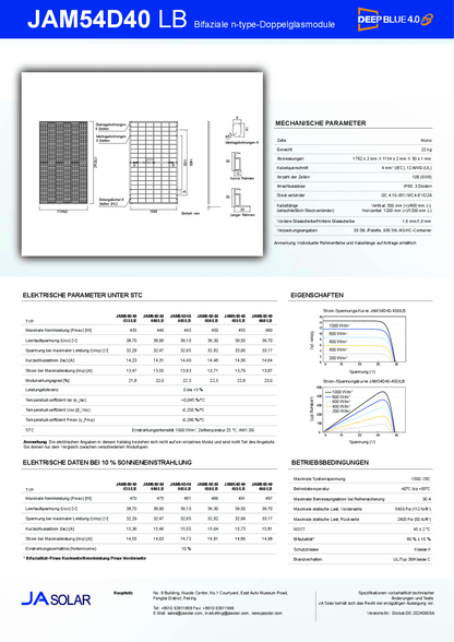 JA Solar PV Modul Panel 460W Doppelglas Bifazial MC4 Schwarz