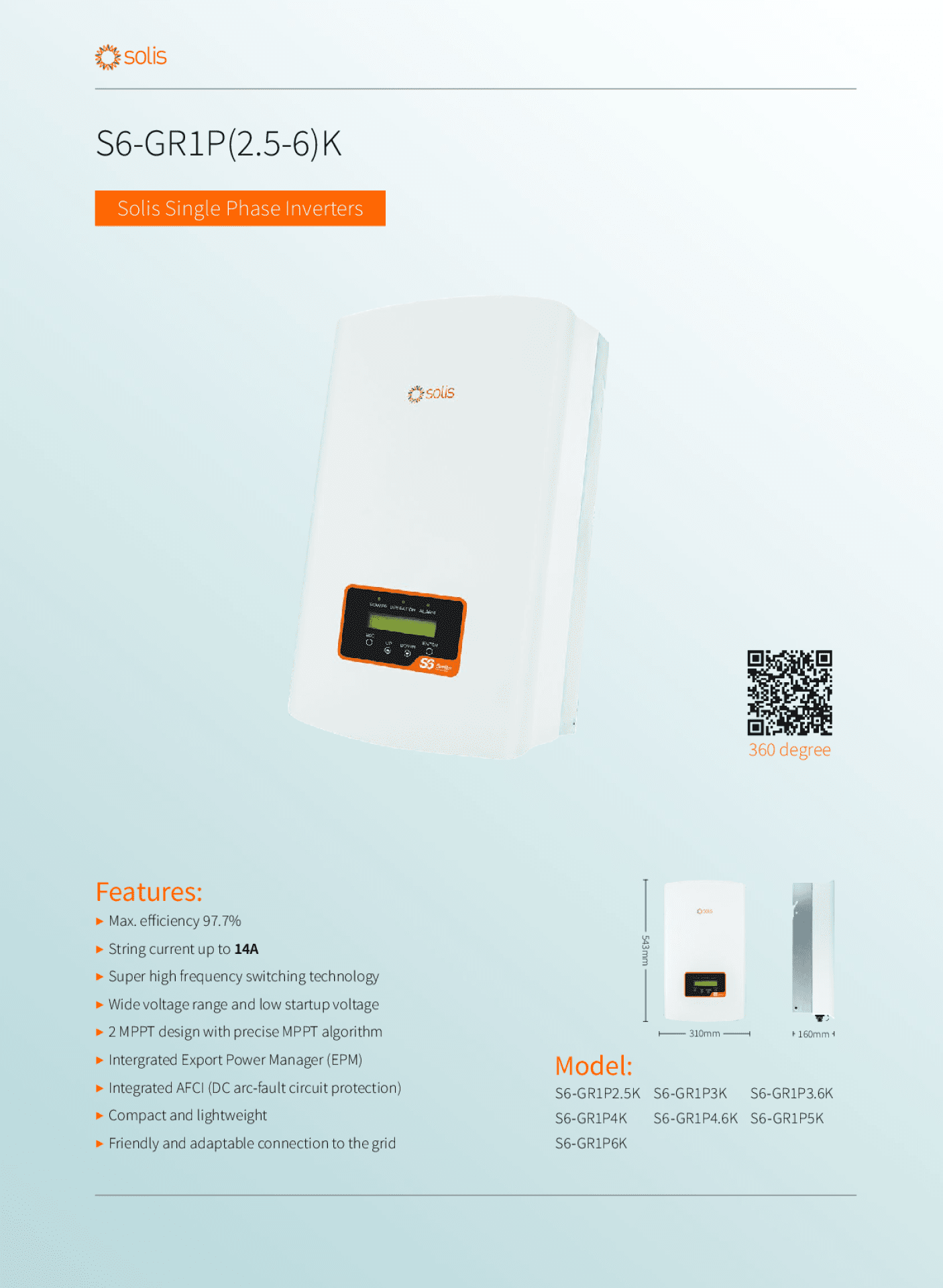 Solis S6 3.6 kW 2MPPT GR1P 1ph Wechselrichter mit DC Schalter