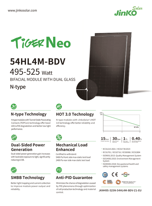 Jinko PV Modul Solar Panel 515W Tiger Neo 2 Bifazial Doppelglas