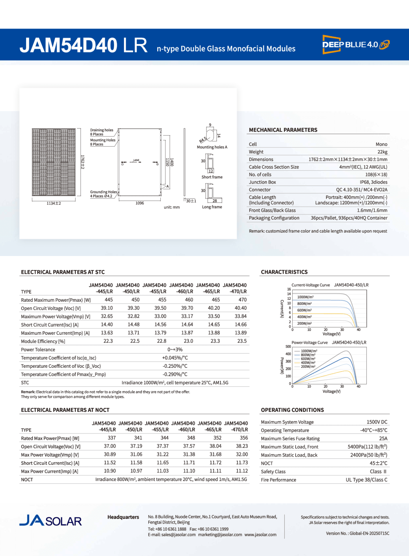 JA Solar PV Modul Panel 465W N Type Doppelglas MC4