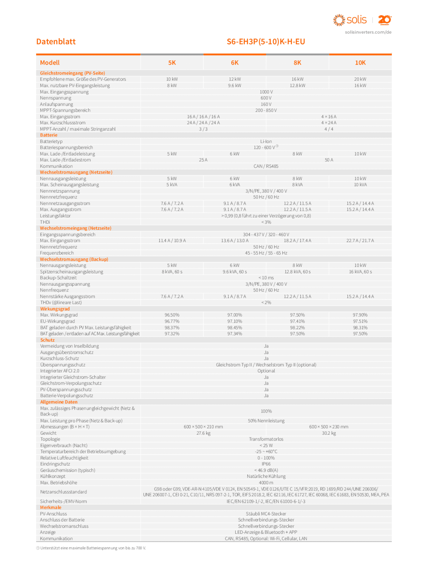 Solis S6 6kW 3ph Hybrid Wechselrichter HV 700VDC