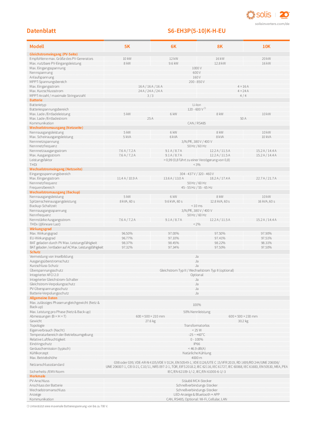 Solis S6 8kW 3ph Hybrid Wechselrichter HV 700VDC