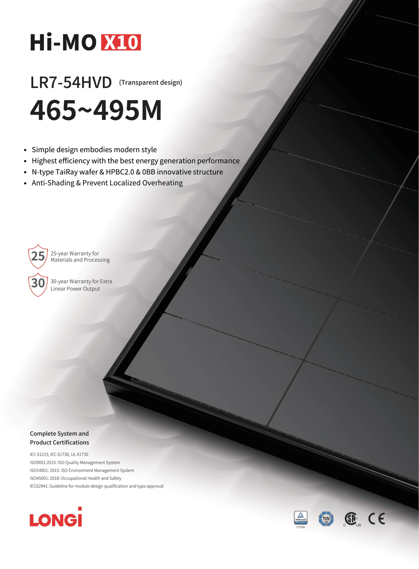 Longi 475W PV Modul Solar Panel Hi MO X10 Doppelglas Transparent HPBC