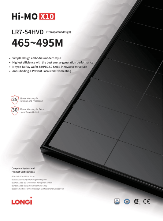 Longi 475W PV Modul Solar Panel Hi MO X10 Doppelglas Transparent HPBC
