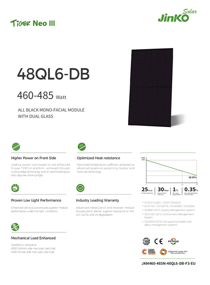 Jinko PV Solar Modul Panel 470W Tiger Neo 3 Doppelglass All Black MC4